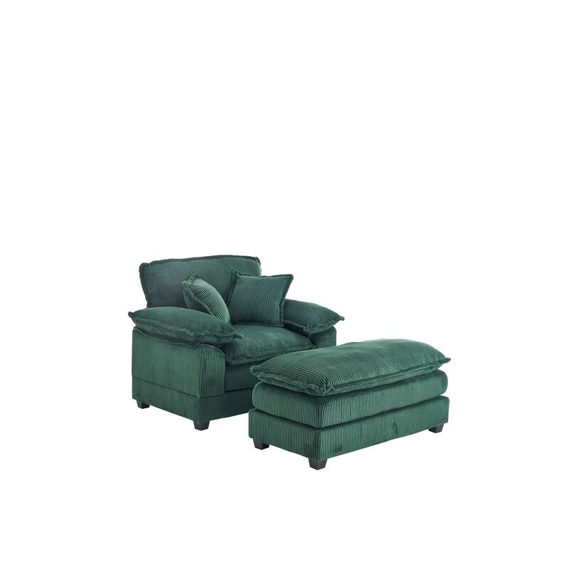 Corduroy Single Sofa Sets with Ottoman and 2 Toss Pillows, Deep Seat Design