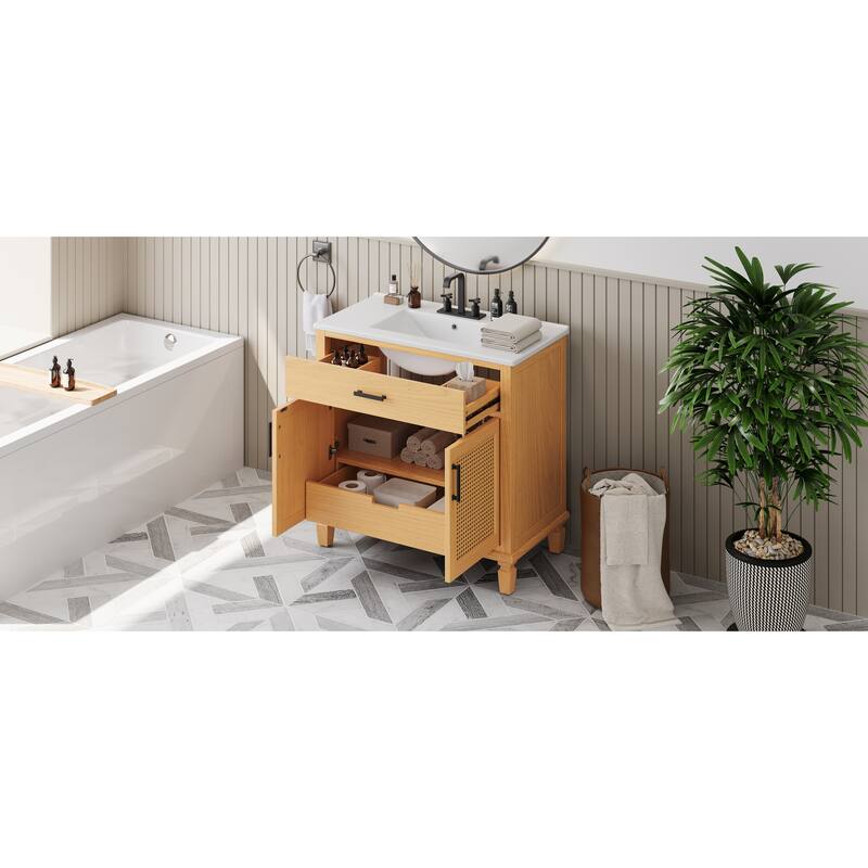 36"Bathroom Vanity with Ceramic Sink,Bathroom Cabinet with 2 Soft Close Doors and 3 Drawers,Free-standing Vanity with Wood Legs