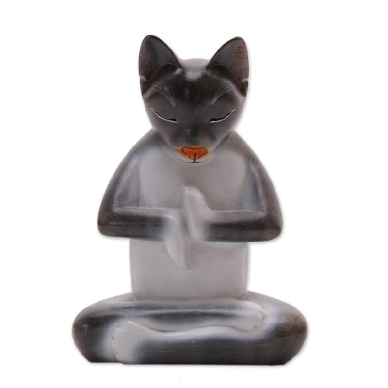 Novica Handmade Full Lotus Cat In Grey Wood Sculpture - 6.5" H x 4.9" W x 3" D