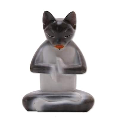 Novica Handmade Full Lotus Cat In Grey Wood Sculpture - 6.5" H x 4.9" W x 3" D