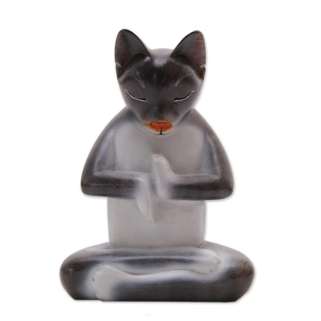Novica Handmade Full Lotus Cat In Grey Wood Sculpture - 6.5" H x 4.9" W x 3" D