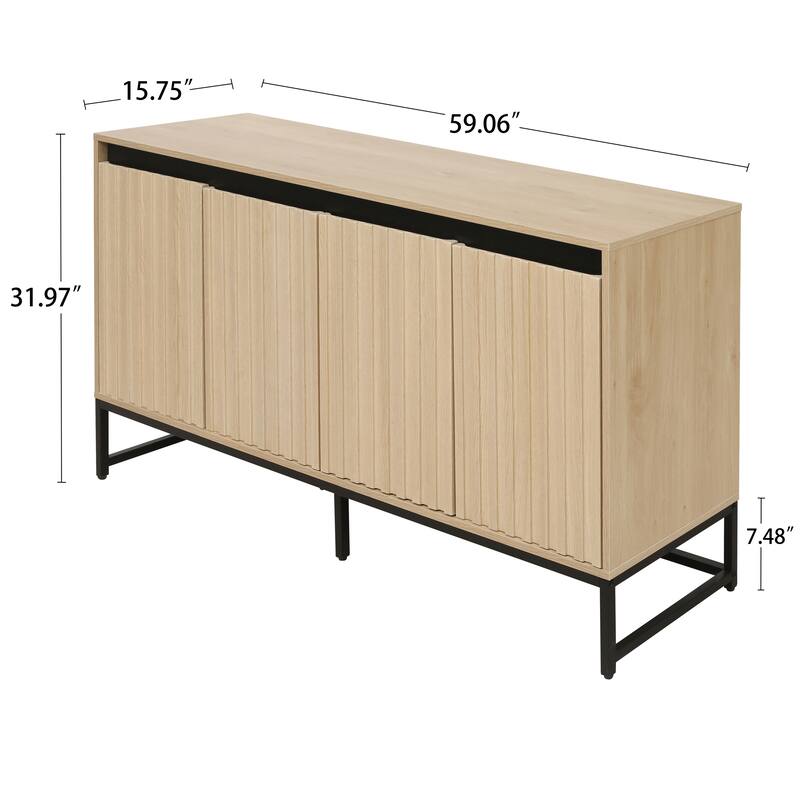 LED Sideboard Buffet Cabinet Storage Cabinet w/ Adjustable Shelf, Carved Cupboard Console Table for Living Room Hallway, Natural
