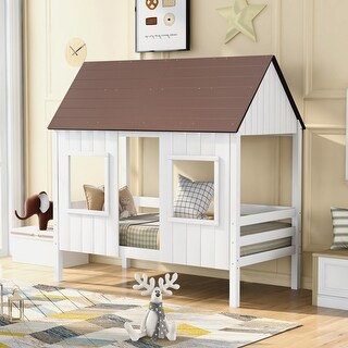 Twin Size Low Loft Wood House Bed with Roof and Two Front Windows ...