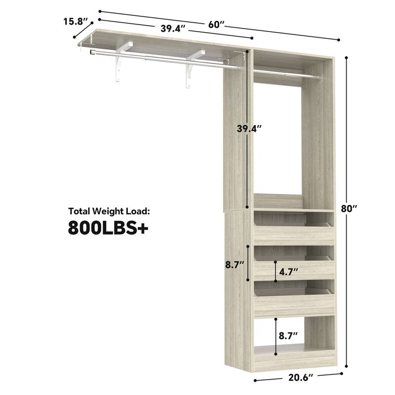20"-60" Closet System with 3 Wooden Drawers and Sturdy Shelves and Retractable Rods
