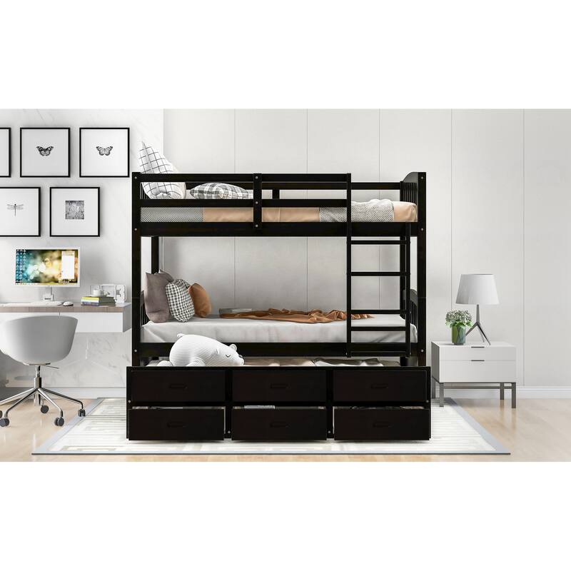 Twin Over Twin Wood Bunk Bed with Trundle and Drawers, Espresso Finish
