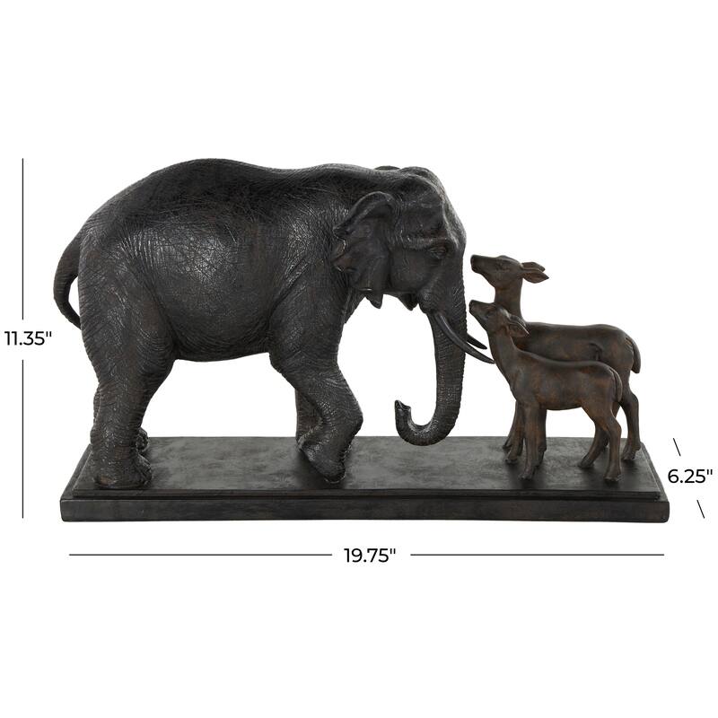 Black Resin Walking Elephant Decorative Sculpture with Dark Brown Deer