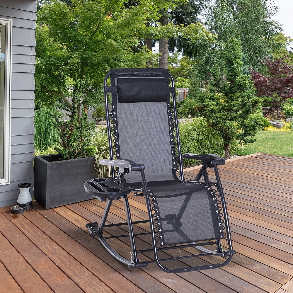 Outdoor Breathable Reclining Rocking Chair, Folding Chaise Lounge Chair with Cup Holder Tray & Footrest