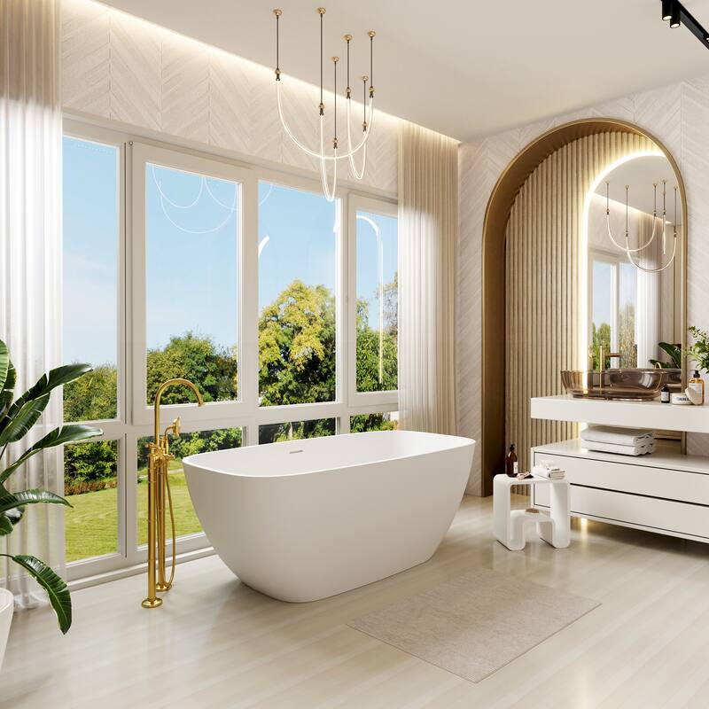 59 in. Freestanding Solid Surface Soaking Bathtub in Matte White, Modern Oval Design with Center Drain