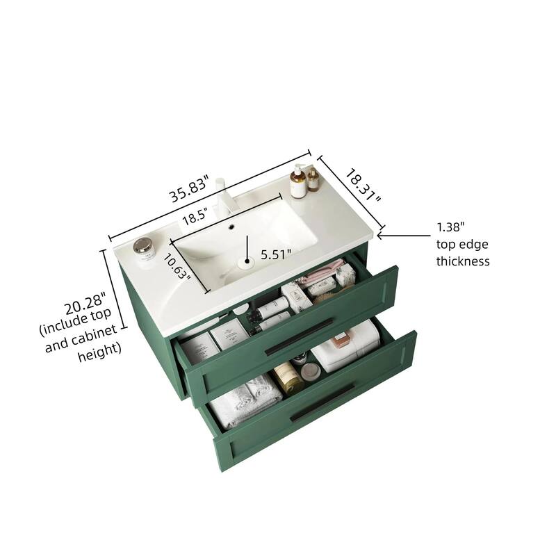 GDFStudio - Jodi Modern Floating Bathroom Vanity with Dual Drawers & White Ceramic Basin, WITHOUT Faucet