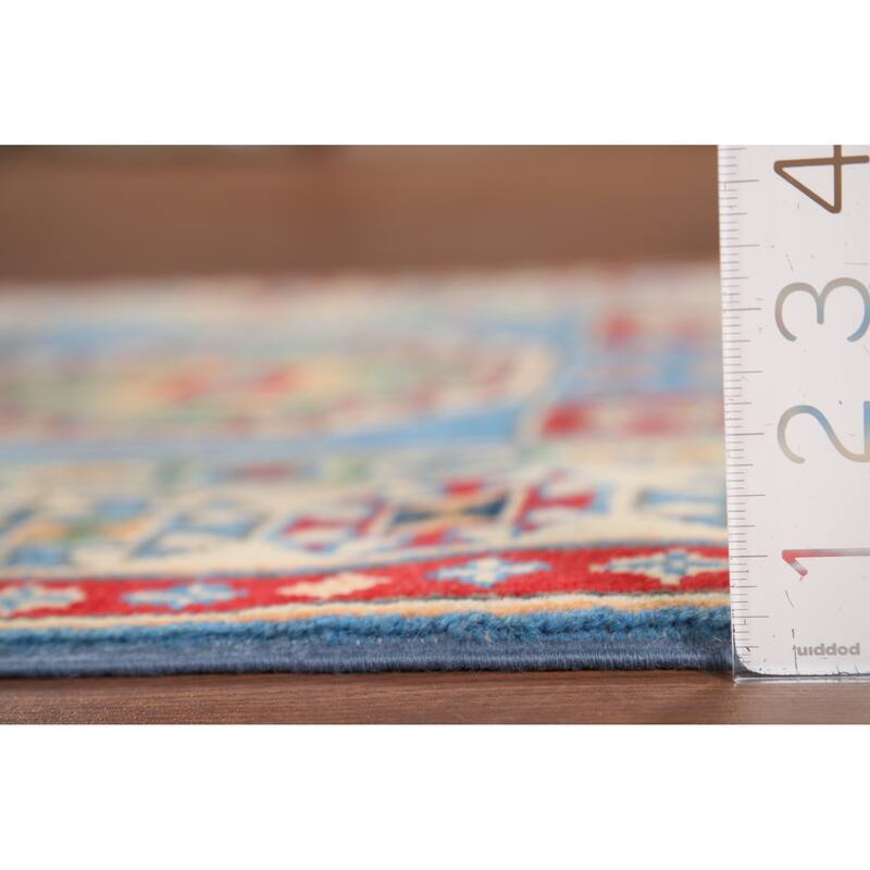 Blue Geometric Kazak Runner Rug Hand-Knotted Oriental Wool Carpet - 2'8" x 9'6"