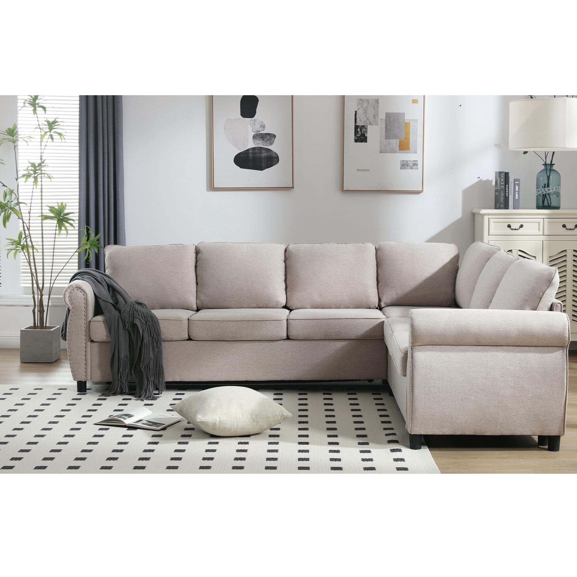 Pull Out Sectional Sofa Bed L Shaped Beige Corner Chaise Couch