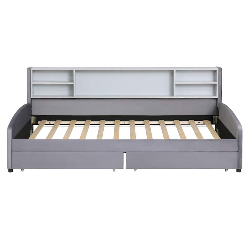 Twin Size Daybed Upholstered Platform Bed with Storage Shelf Headboard and 2 Drawers, Wood Daybed Frame with Curved Armrest