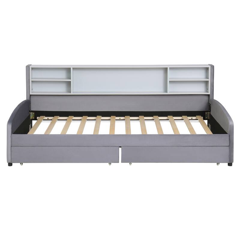 Twin Size Gray Upholstered Platform Bed with Storage Drawers and Velvet Headboard