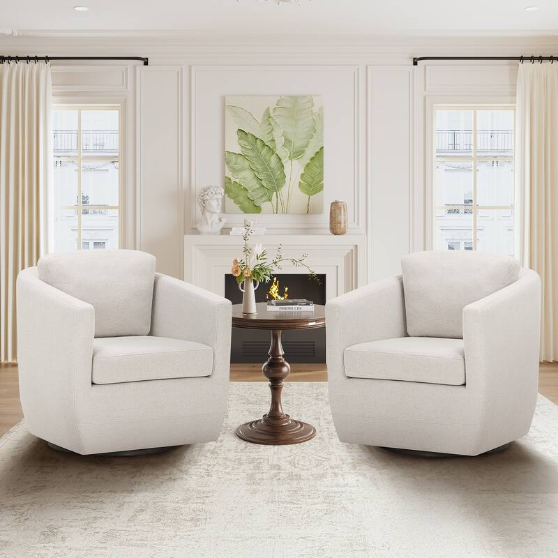 Velvet Barrel Swivel Chair - Round Bouclé Accent with Brass Base, Ready-to-Use for Living Rooms & Reading Corners - 2 - Beige