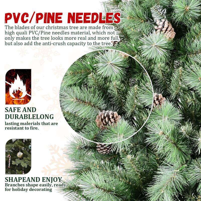 Artificial Christmas Tree - PVC & Hard Needle Branches, Pine Cones, Hinged Structure, Metal Stand - Green