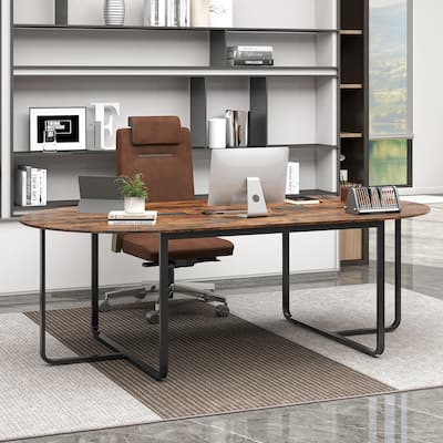 95 Inch Oval Conference Table with Dual Cable Holes and Metal Legs