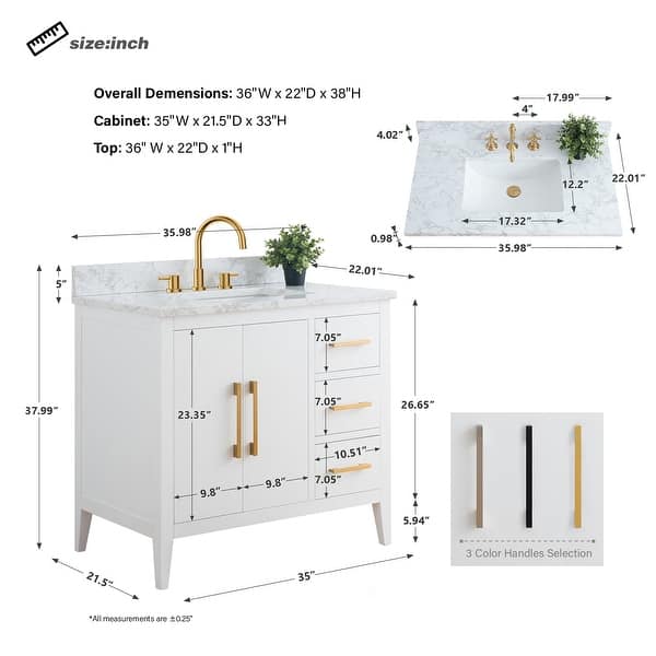 dimension image slide 2 of 10, Vanity Art 36" Single Sink Bathroom Vanity Cabinet with Engineered Marble Countertop