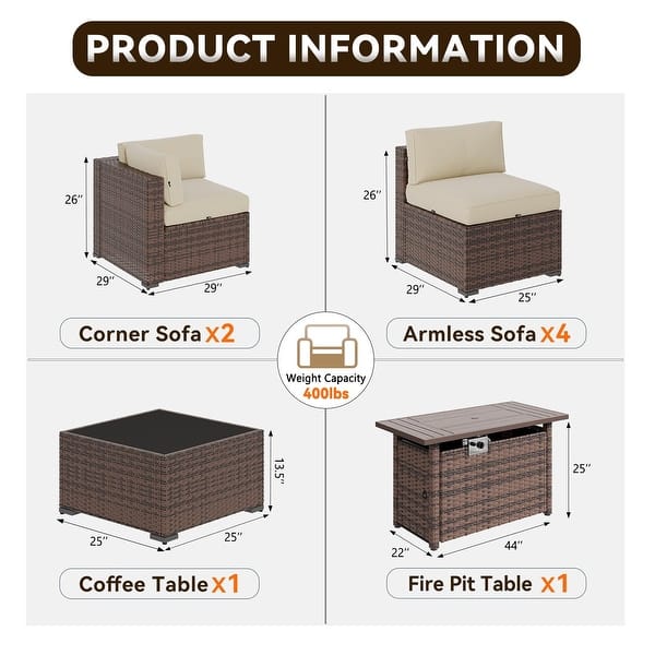 dimension image slide 10 of 12, AOXUN Fire Pit Conversation Set Rattan Sofa Set Outdoor Furniture With Cushions