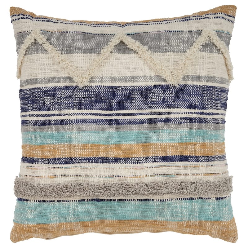 HomeRoots 18" X 18" Beige Blue and Gray Geometric Cotton Zippered Pillow