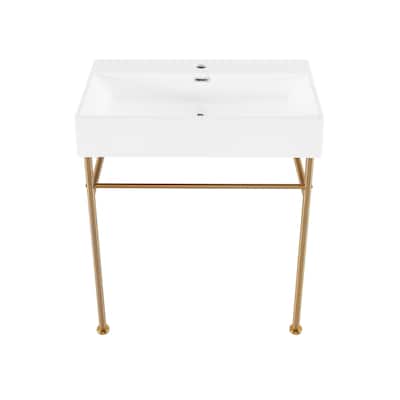 Reims 30 Ceramic Console Sink White Basin Brushed Gold Legs - 29.5" x 16.55" 35.45"