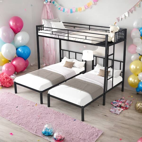 slide 2 of 17, Modern 3 In 1 Metal Twin Size Triple Bunk Bed with Separated Twin Beds and Safety Guardrail Black
