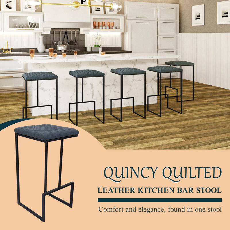 Quincy Leather Counter Barstool – Upholstered Square Seat with Quilted Back, Footrest, and Metal Legs for Kitchen or Dining Area