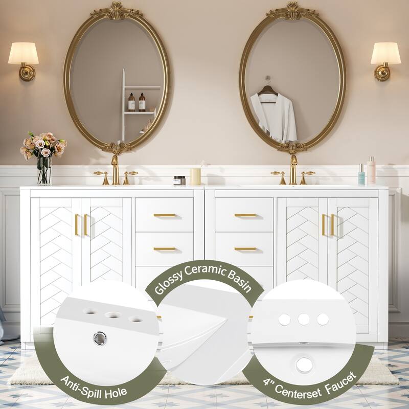 Roomfitters 72 Inch Bathroom Vanity with Ceramic Sink, Solid Wood Frame Cabinet with Sliding Tiers & Soft Close Doors, White