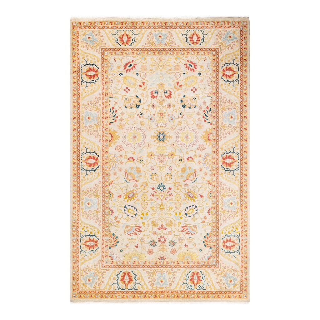 Overton Hand Knotted Wool Traditional Oriental Ivory Area Rug - 5' x 8'