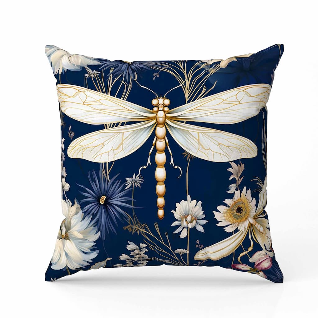 Dragonfly Drift Faux Suede Reversible Throw Pillow Blue and Gold