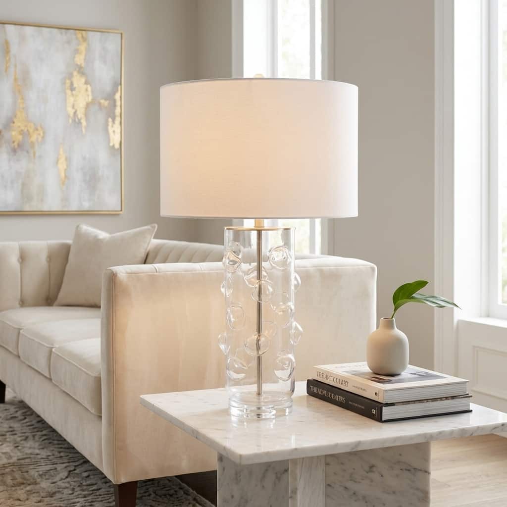 Glass Bubble Table Lamp with Crystal Accents and Cylinder Base