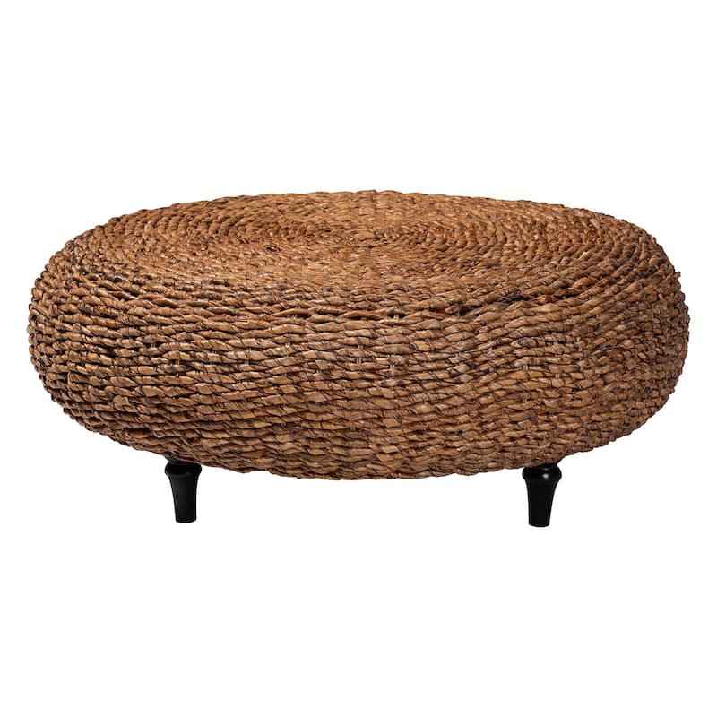 Riau Handwoven Seagrass Coffee Table with Wooden Legs - Natural Wicker Round Living Room Table for Living Room or Bedroom Décor