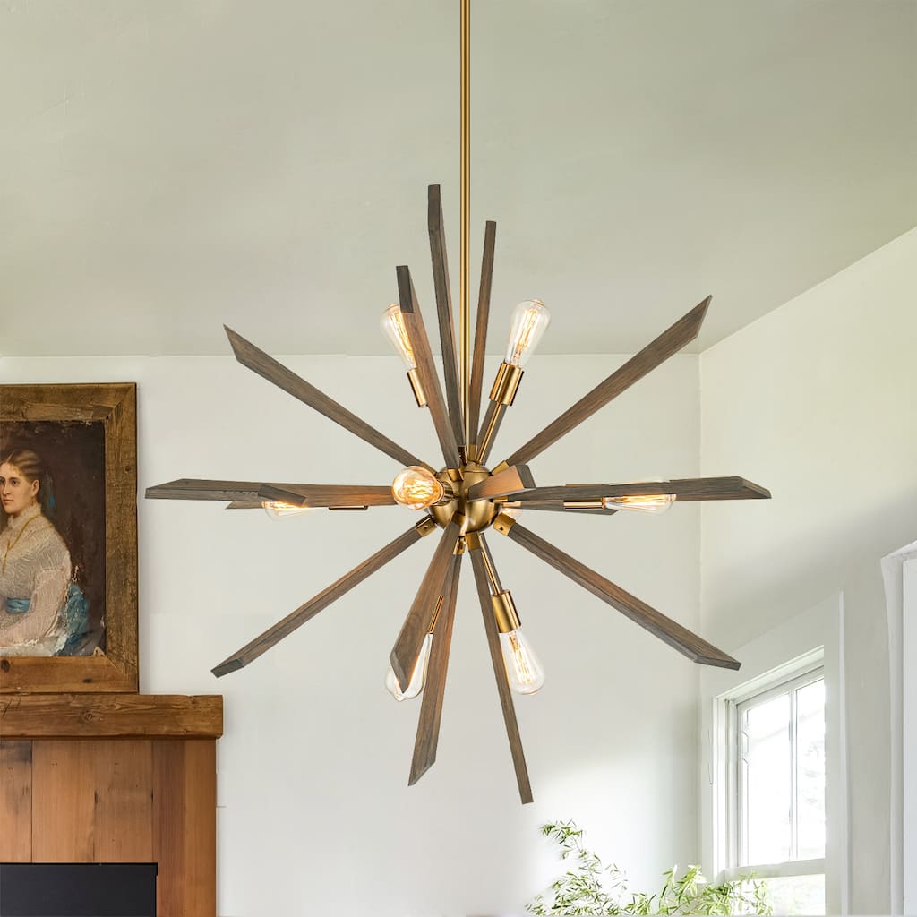 8-Light Gold Wood Farmhouse Sputnik Firework Chandelier Hanging Pendant Lighting - 40.2