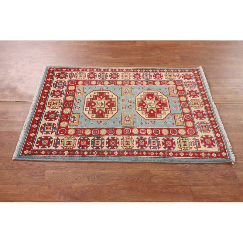 Light Blue Geometric Kazak Accent Rug Handmade Wool Carpet - 2'8" x 3'10"