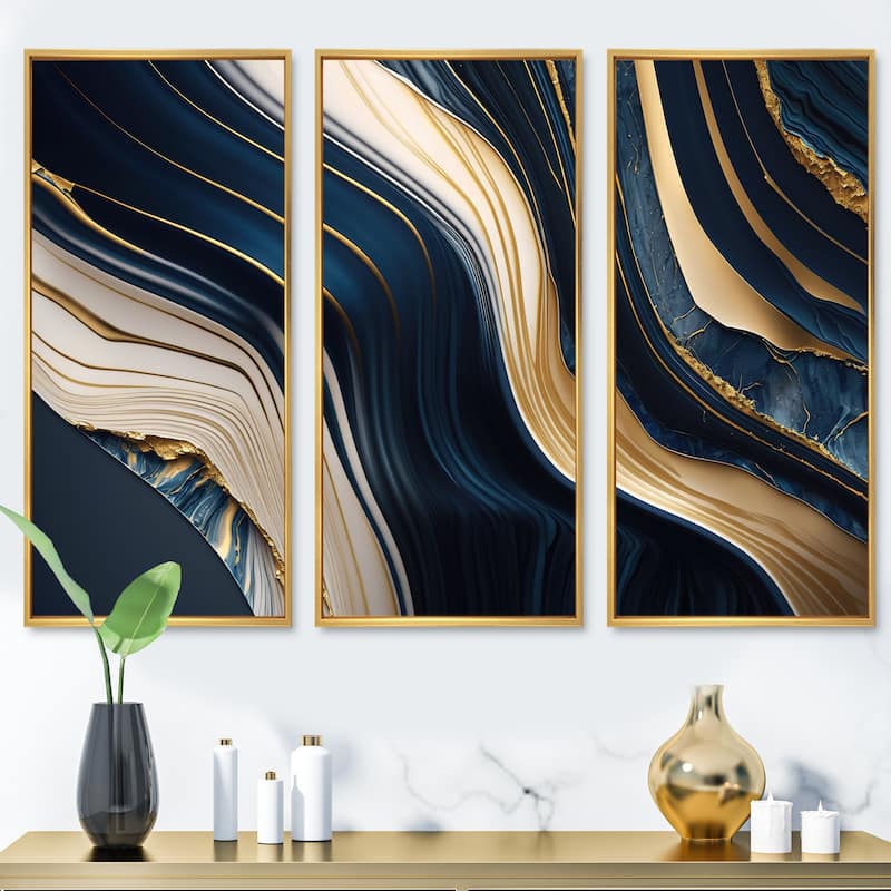 Designart "Abstract Geode Waves Blue And Gold II" Modern Waves Framed Canvas Art Print - 3 Panels - 48 in. wide x 32 in. high - 3 Panels - Gold