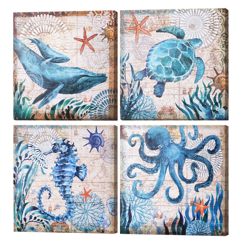 Monterey Bay Nautical Ocean Vintage Canvas Wall Art Print, 4 Piece Set