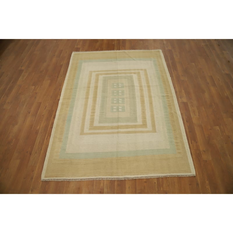 Hand Woven Oriental 100% Wool Carpet Southwestern Modern Beige & Ivories Kilim Area Rug - 5' 8'' X 4' 2''