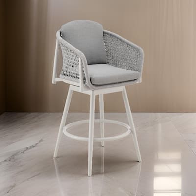 Rue 27 Inch Outdoor Swivel Counter Stool Chair, Mesh Woven Rope, Gray Metal