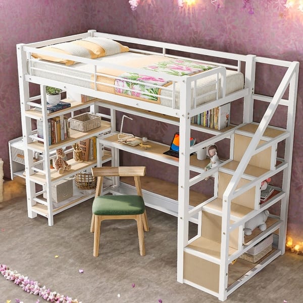 slide 2 of 12, Modern 3 In 1 Design Twin Size Loft bed With Staircase,Built-in Desk And Storage Shelves for Bedroom White