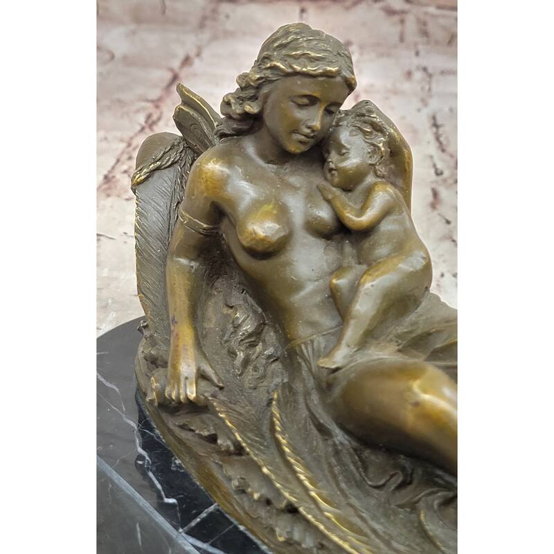 Bronze Fairy And Child In Swan Boat Sculpture On Marble Base