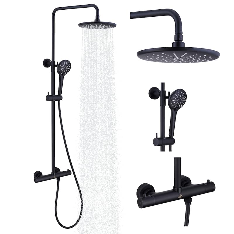 3-Spray Patterns Thermostatic Rain Shower Faucet Wall Mount Dual Shower Heads and Handheld Shower Head - 9" x 9"