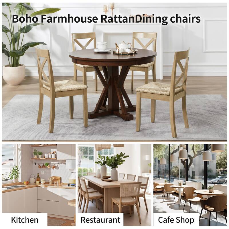 Bohemian 17" W Natural Weave Seagrass Rattan Seat Cross Back Dining Chairs