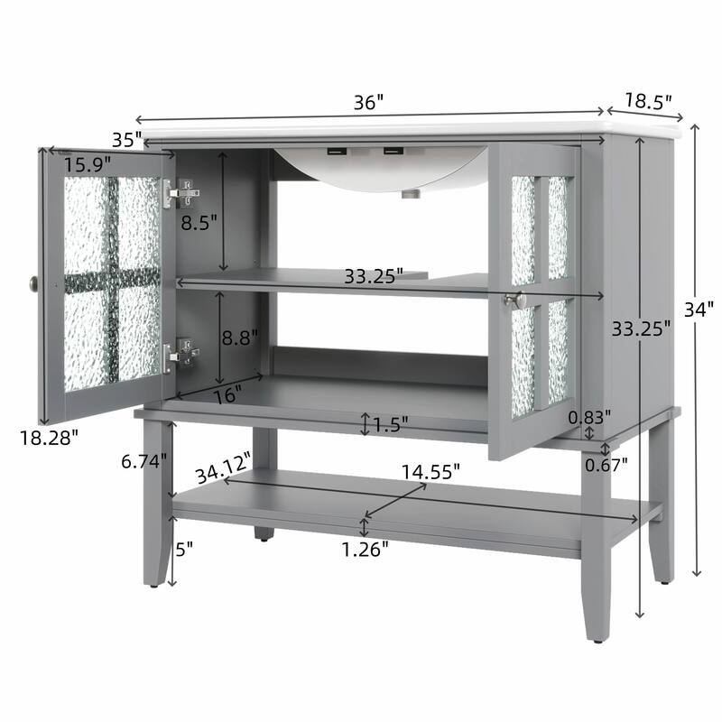 36" Bathroom Vanity with Ceramic Sink, Adjustable Shelf and Open Shelf, Solid Wood Legs, Waterproof Painted Finish