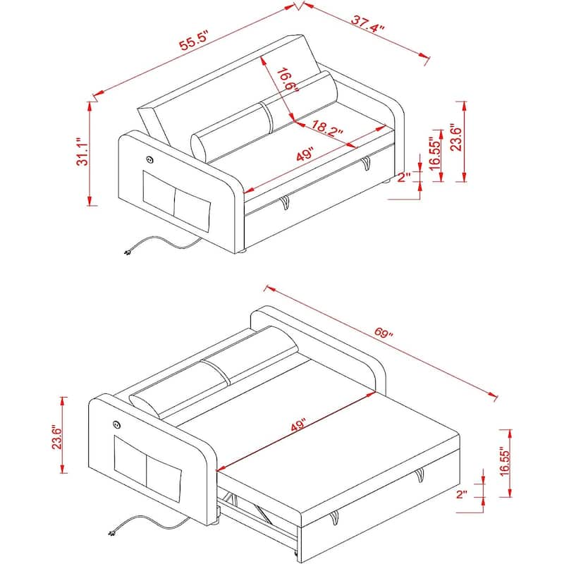 Sleeper Sofa Bed with 2 Pillows, Side Pockets, Convertible Loveseat
