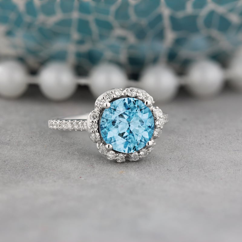 Auriya Vintage 3 1/10ct Fancy Sky Blue Topaz and Halo Diamond Engagement Ring 3/8ct Fancy 14k Gold