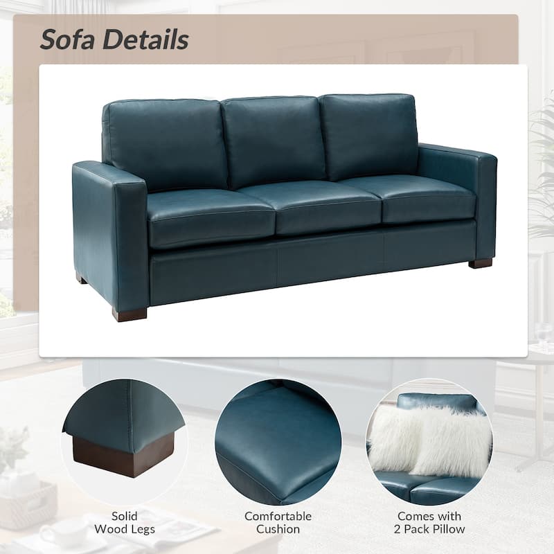 Ernando 83.46" Wide Genuine Leather Sofa with Squared Arms and Pillows