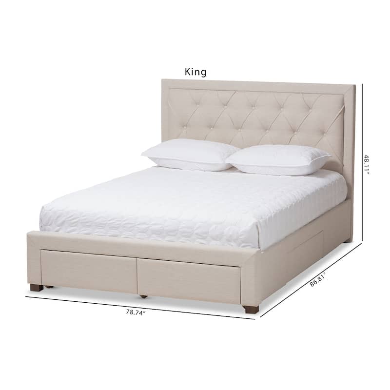 Modern Fabric Storage Bed - Beige Upholstered Platform Bed Frame - Low Profile Bed for Bedrooms