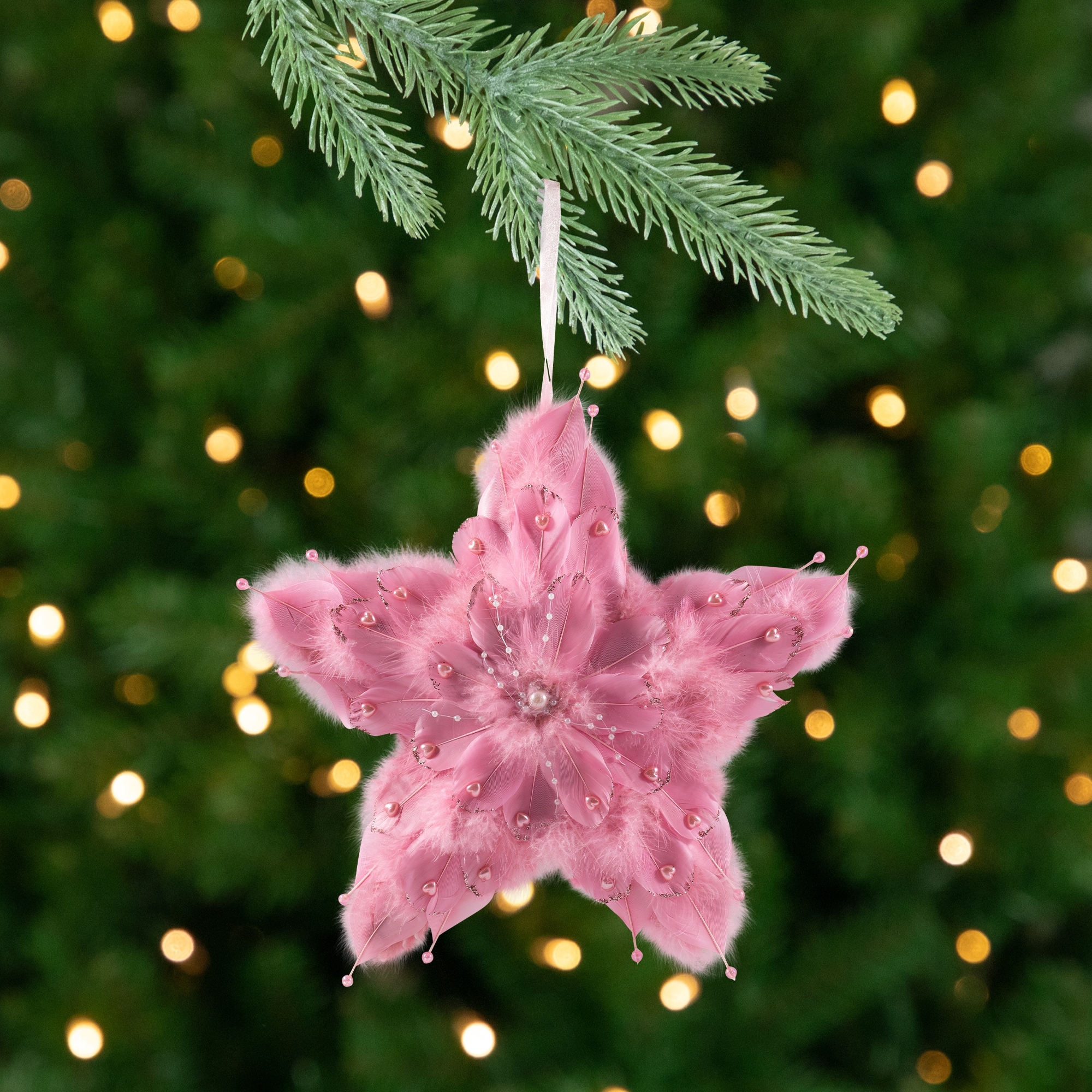 Plush Feather Star Glittered Christmas Ornament with Hearts -12" Pink
