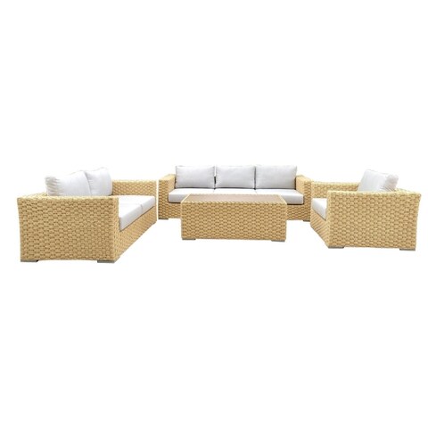 Malibu 4-Piece PE Wicker Patio Furniture Outdoor Seating Conversation Set with Light Grey Cushions Tan Wicker, Deep Seating Set