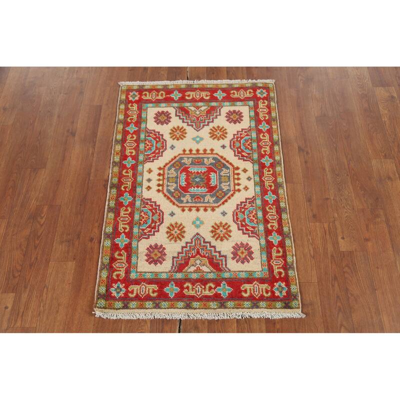Geometric Kazak Accent Rug Hand-Knotted Beige Wool Carpet - 2'1"x 2'10"