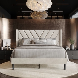 CraftPorch Sophisticated Wingback Upholstered Platform Velvet Bed